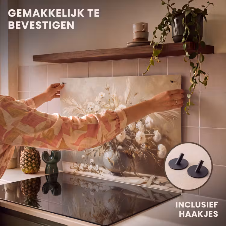 Inductie beschermer en spatscherm (2in1) - Bloemen - Vaas - Stilleven - Beige — 7