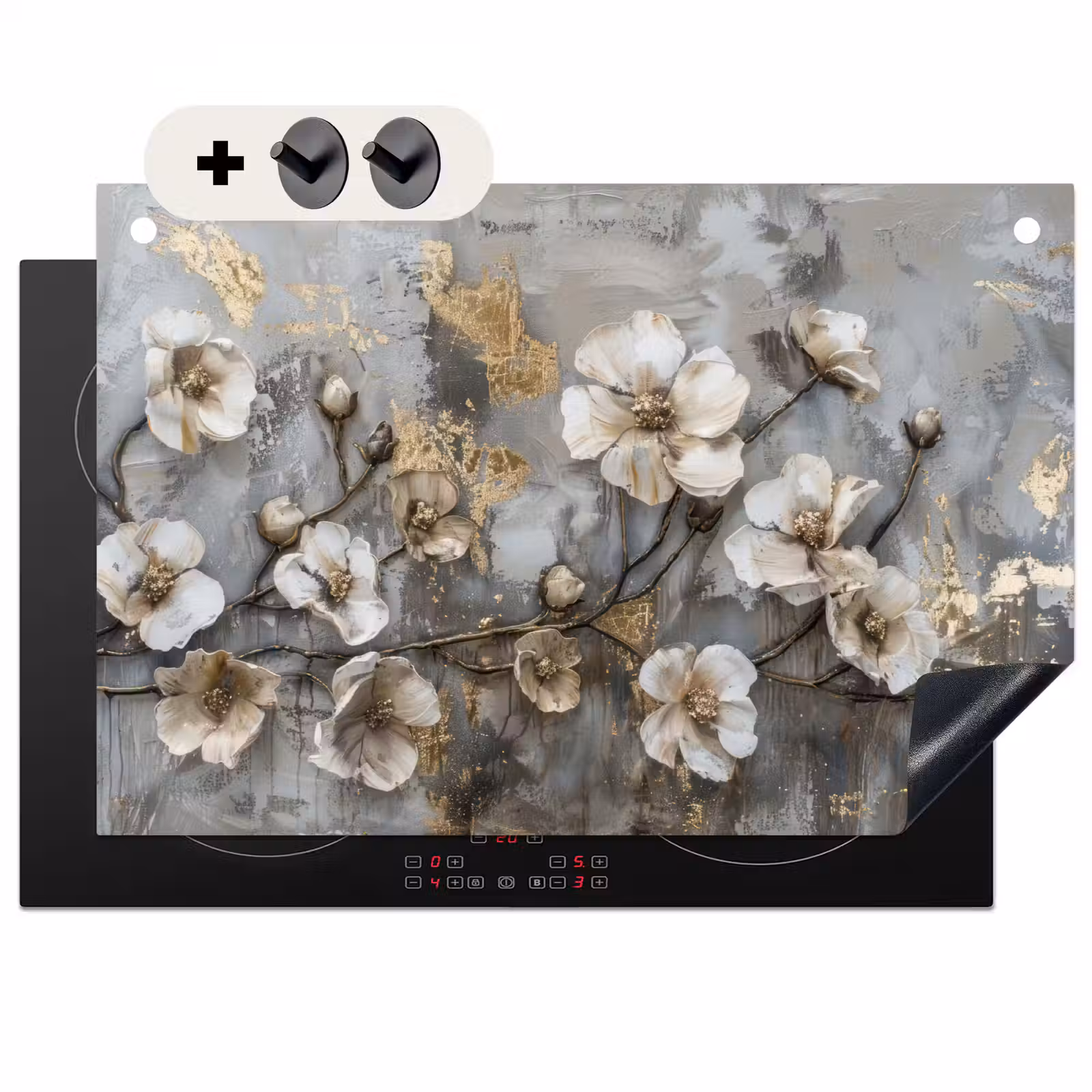 Inductie beschermer en spatscherm (2in1) - Bloemen - Wit - Grijs - Goud - Luxe — 1
