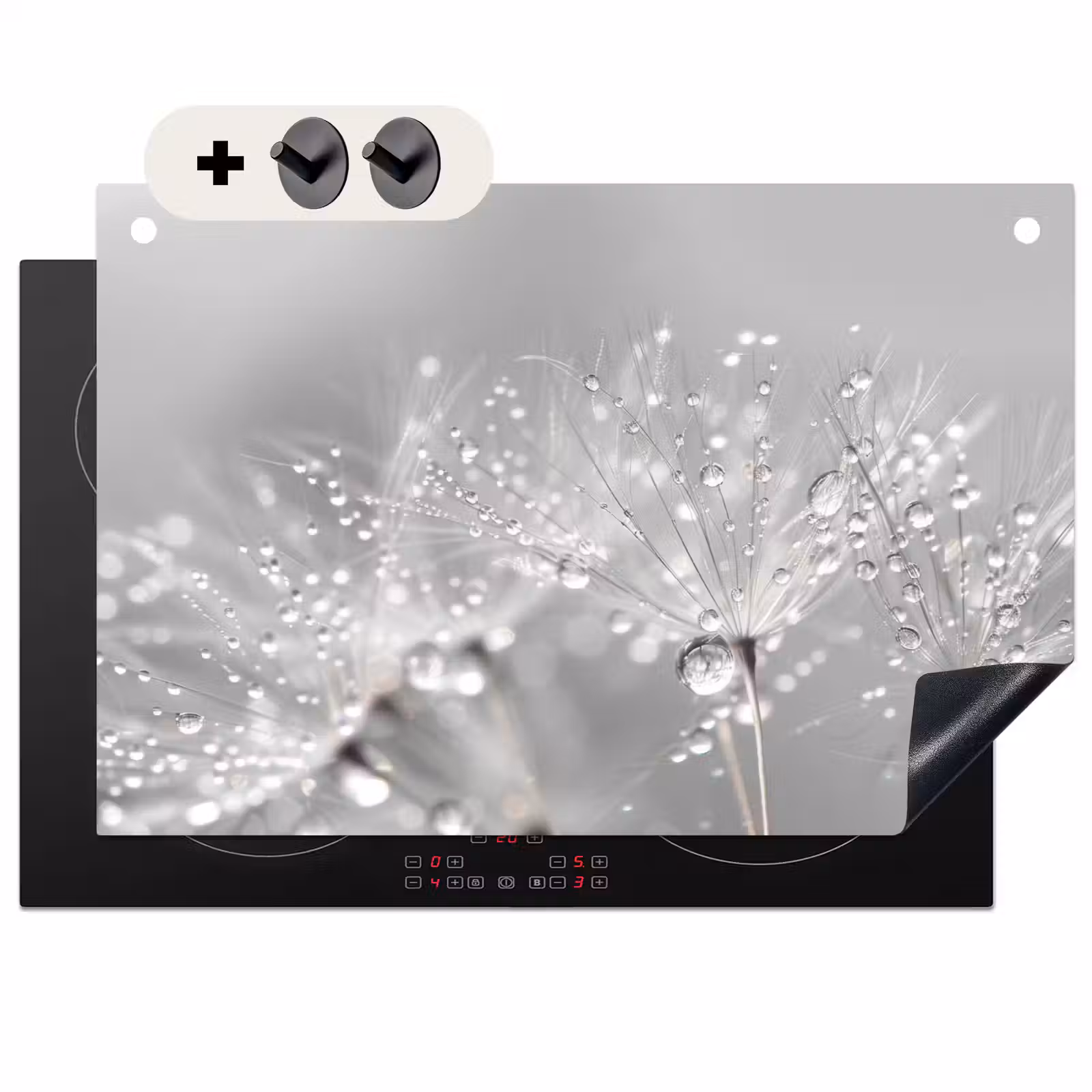 Inductie beschermer en spatscherm (2in1) - Paardenbloem - Waterdruppels - Stilleven - Modern — 1
