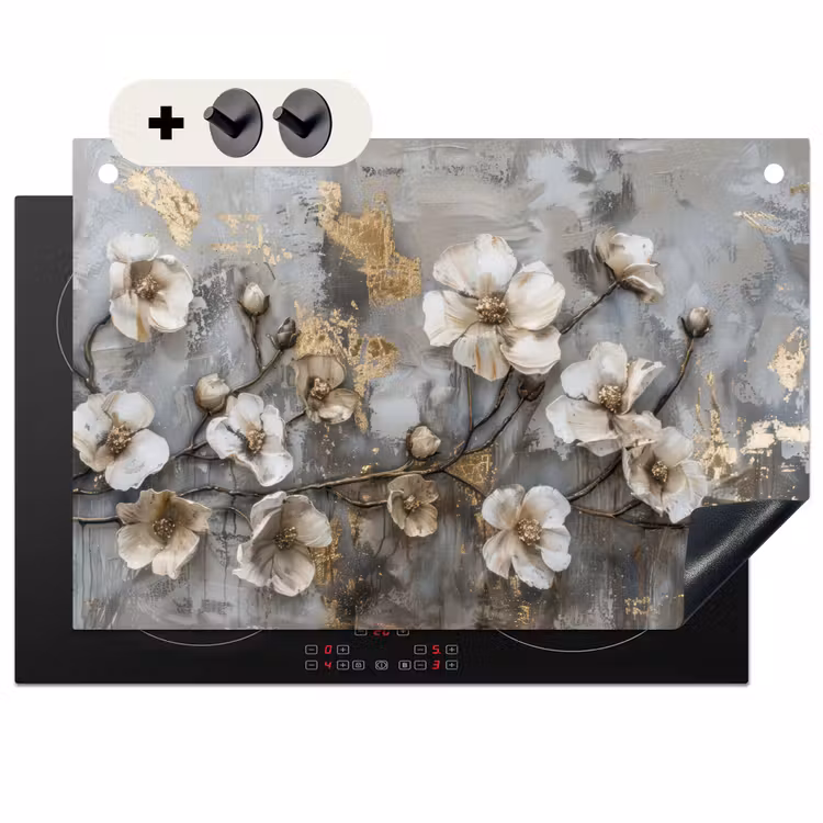 Inductie beschermer en spatscherm (2in1) - Bloemen - Wit - Grijs - Goud - Luxe — 1