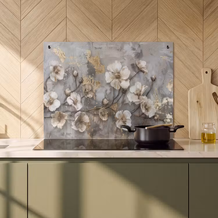 Inductie beschermer en spatscherm (2in1) - Bloemen - Wit - Grijs - Goud - Luxe — 2