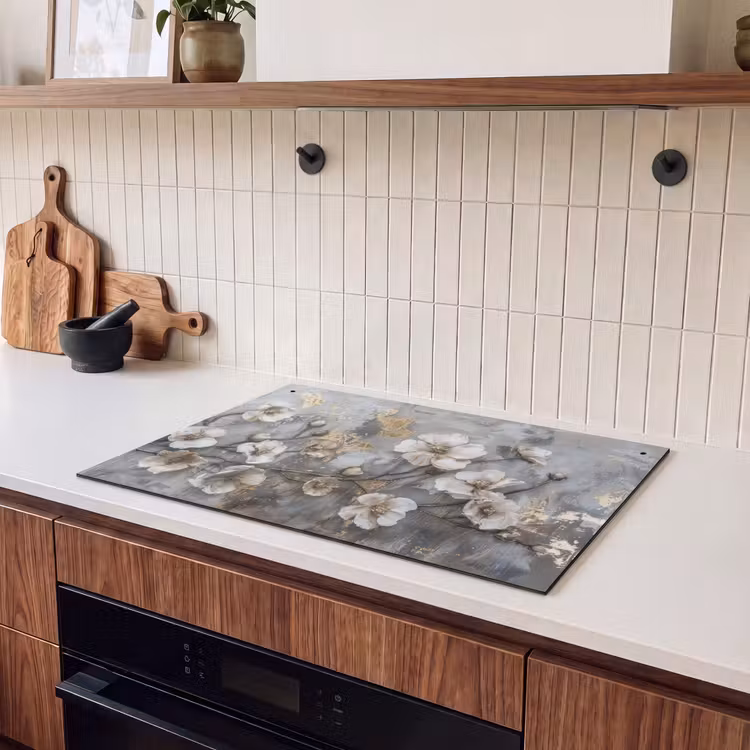 Inductie beschermer en spatscherm (2in1) - Bloemen - Wit - Grijs - Goud - Luxe — 3