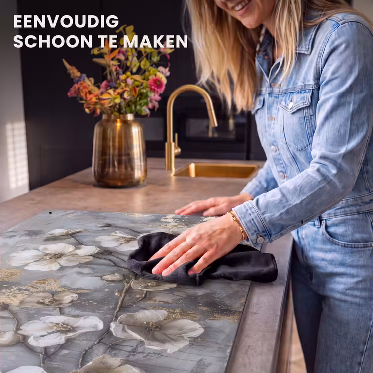 Inductie beschermer en spatscherm (2in1) - Bloemen - Wit - Grijs - Goud - Luxe — 5