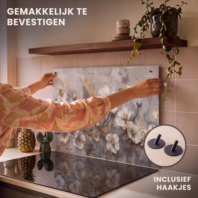 Inductie beschermer en spatscherm (2in1) - Bloemen - Wit - Grijs - Goud - Luxe — 7