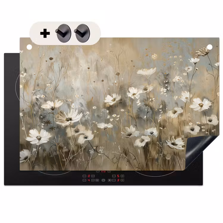 Inductie beschermer en spatscherm (2in1) - Bloemen - Wit - Natuur - Grijs - Modern — 1