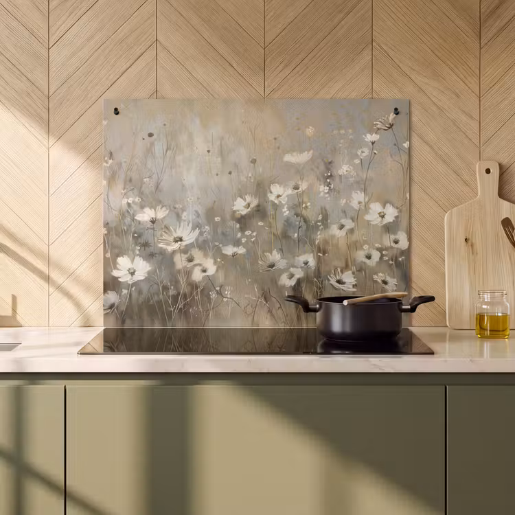Inductie beschermer en spatscherm (2in1) - Bloemen - Wit - Natuur - Grijs - Modern — 2