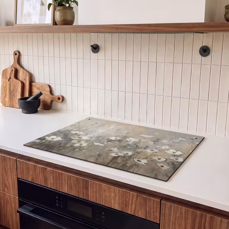 Inductie beschermer en spatscherm (2in1) - Bloemen - Wit - Natuur - Grijs - Modern — 3