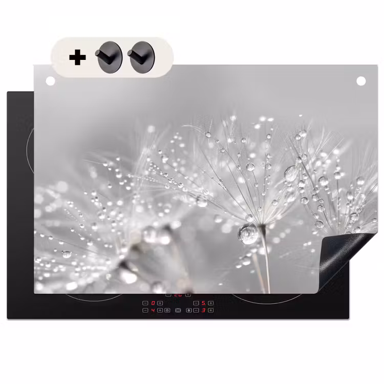 Inductie beschermer en spatscherm (2in1) - Paardenbloem - Waterdruppels - Stilleven - Modern — 1