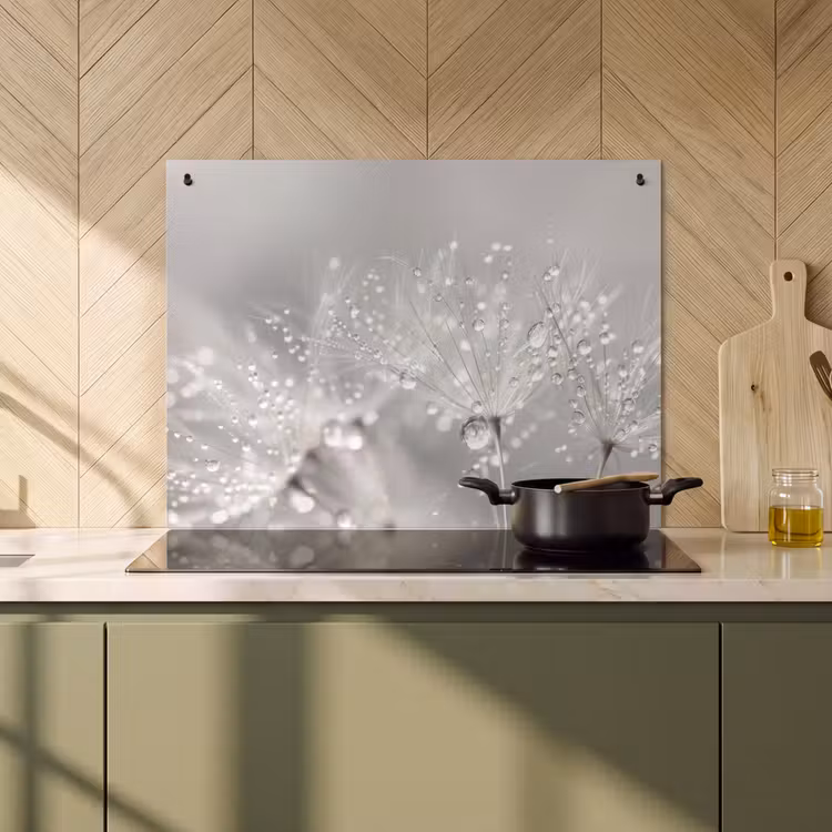 Inductie beschermer en spatscherm (2in1) - Paardenbloem - Waterdruppels - Stilleven - Modern — 2