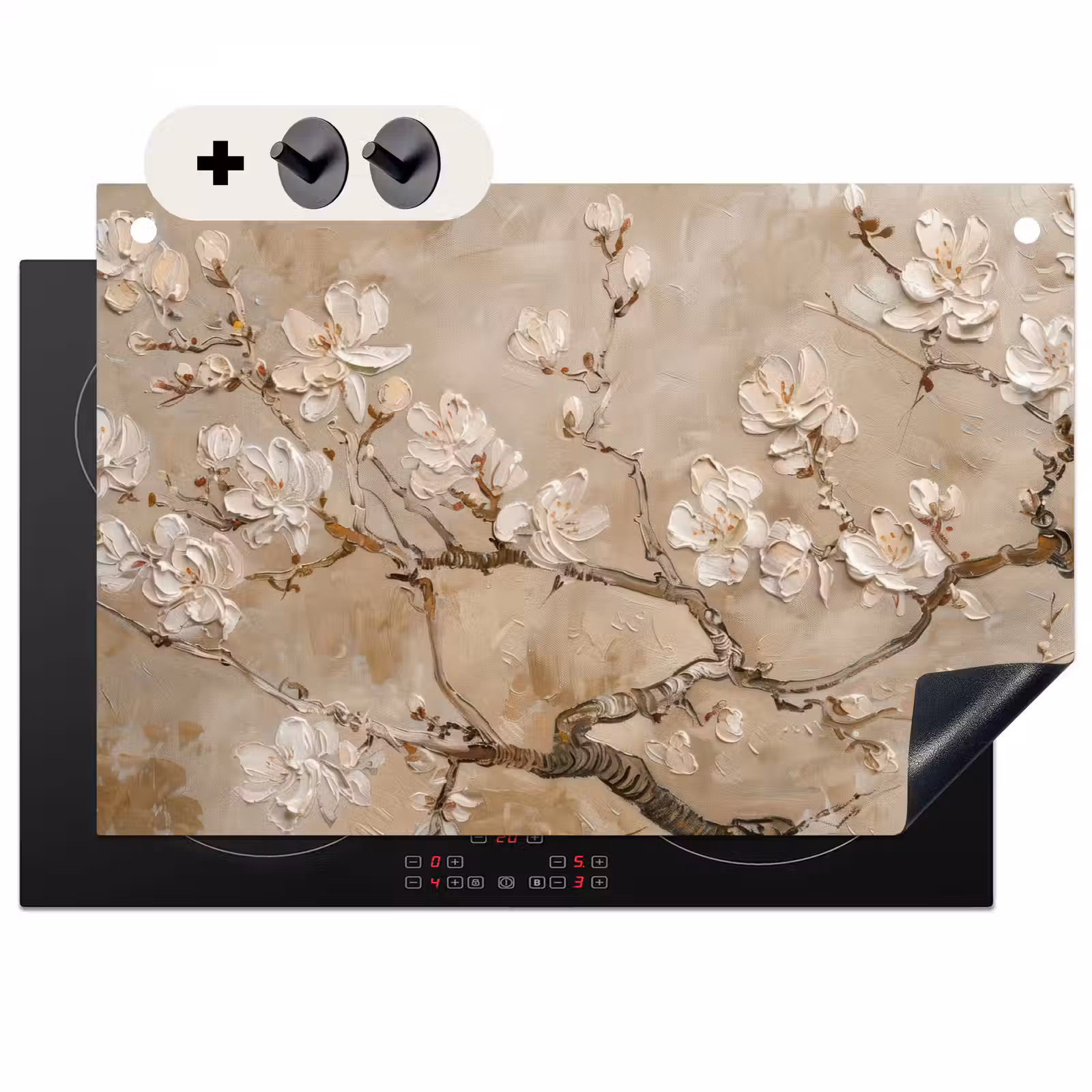 Inductie beschermer en spatscherm (2in1) - Bloemen - Modern - Beige - Wit - Bloesem — 1