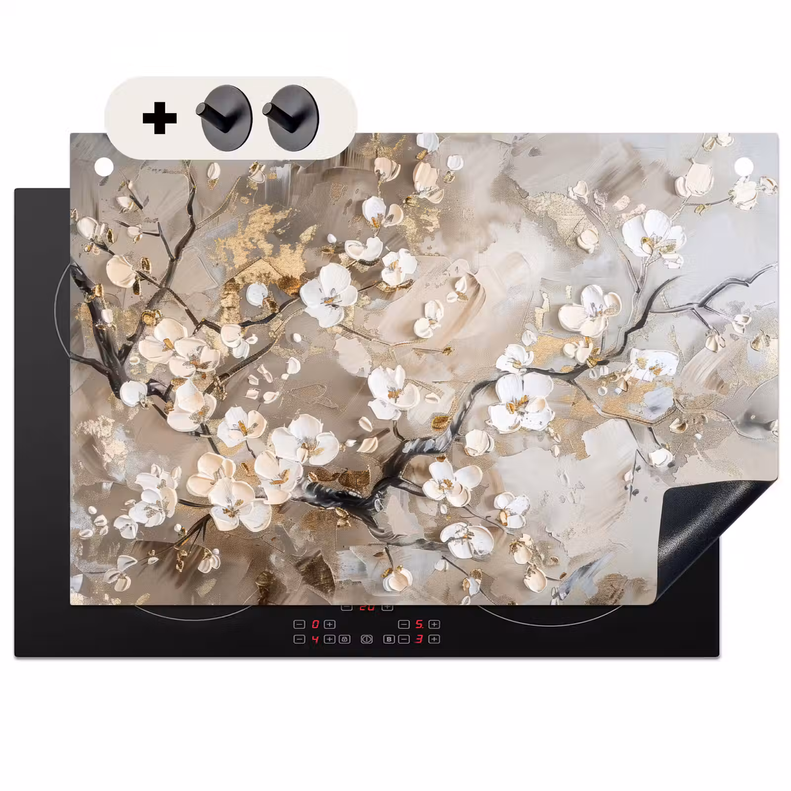 Inductie beschermer en spatscherm (2in1) - Bloemen - Wit - Goud - Beige - Luxe — 1