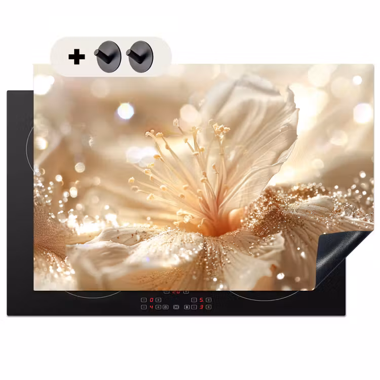 Inductie beschermer en spatscherm (2in1) - Bloem - Wit - Glitter - Goud - Modern — 1