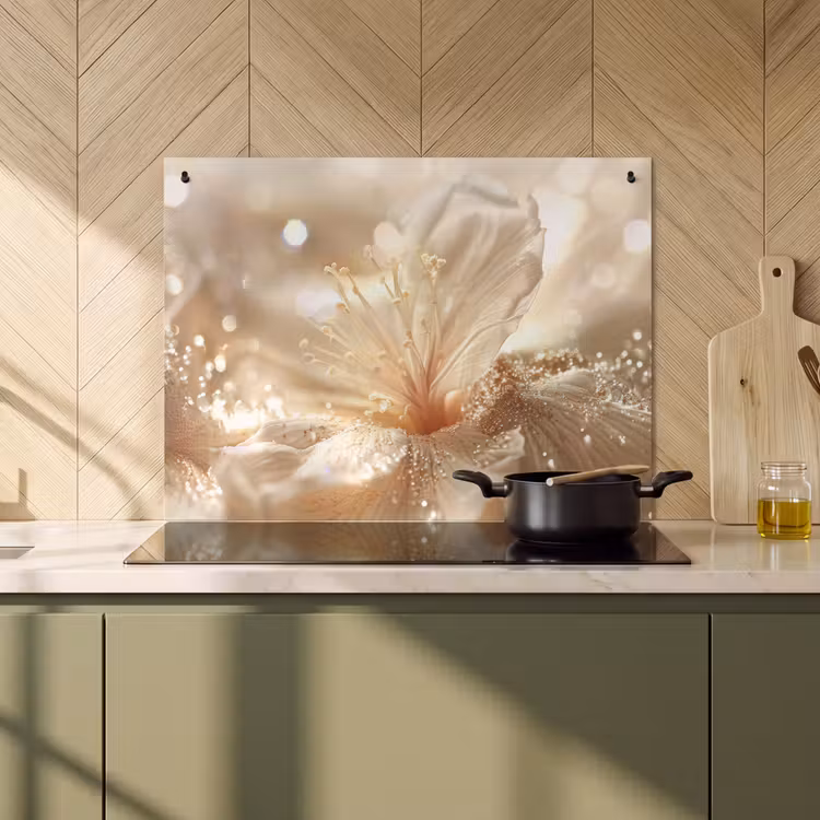 Inductie beschermer en spatscherm (2in1) - Bloem - Wit - Glitter - Goud - Modern — 2
