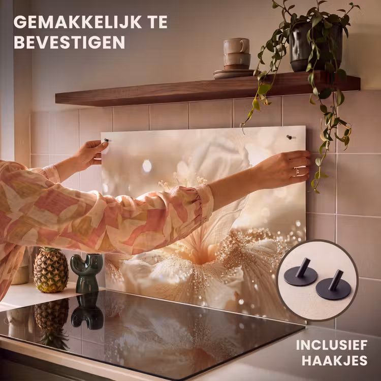 Inductie beschermer en spatscherm (2in1) - Bloem - Wit - Glitter - Goud - Modern — 7