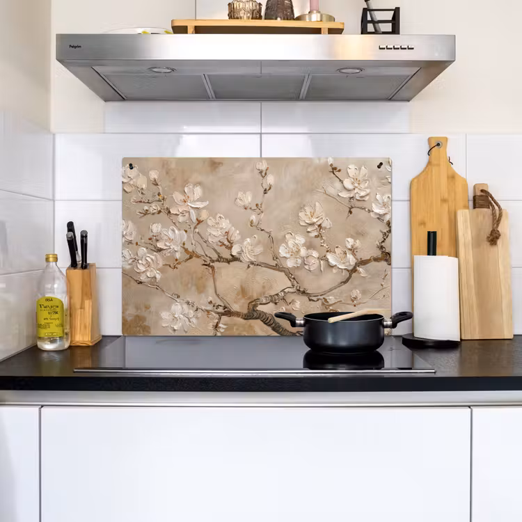 Inductie beschermer en spatscherm (2in1) - Bloemen - Modern - Beige - Wit - Bloesem — 2