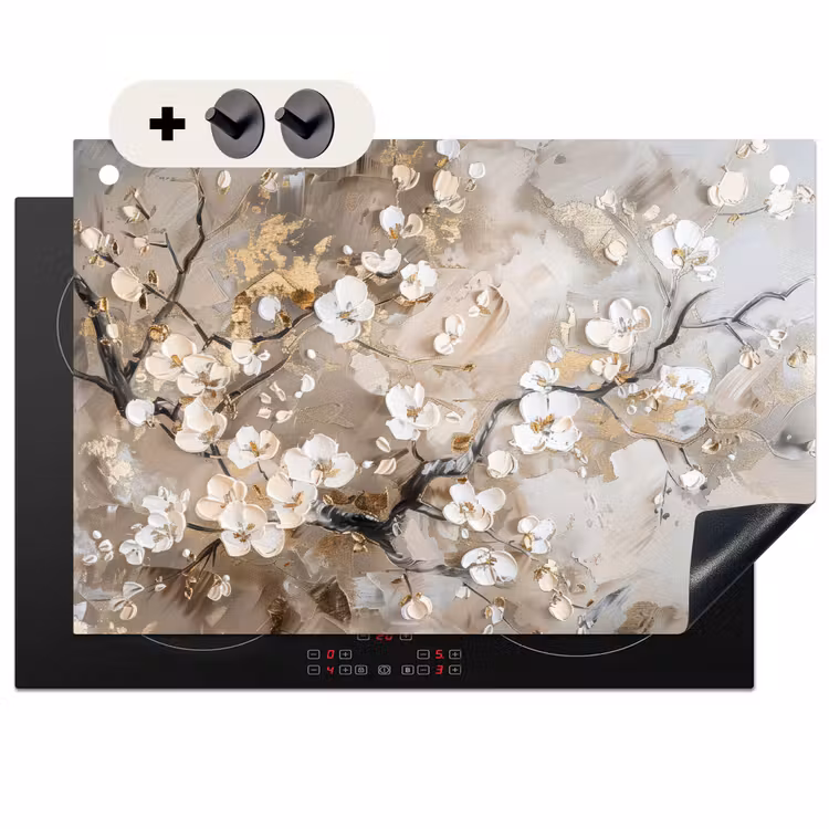 Inductie beschermer en spatscherm (2in1) - Bloemen - Wit - Goud - Beige - Luxe — 1