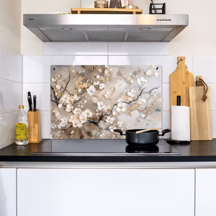 Inductie beschermer en spatscherm (2in1) - Bloemen - Wit - Goud - Beige - Luxe — 2