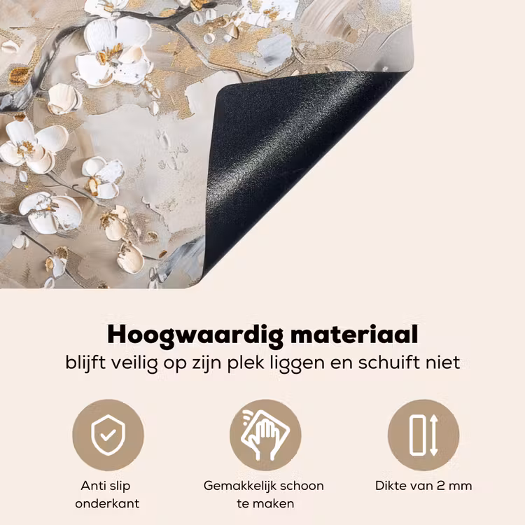 Inductie beschermer en spatscherm (2in1) - Bloemen - Wit - Goud - Beige - Luxe — 4