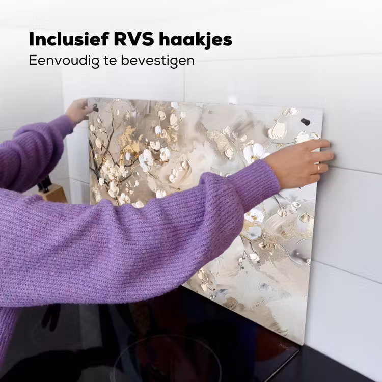 Inductie beschermer en spatscherm (2in1) - Bloemen - Wit - Goud - Beige - Luxe — 7