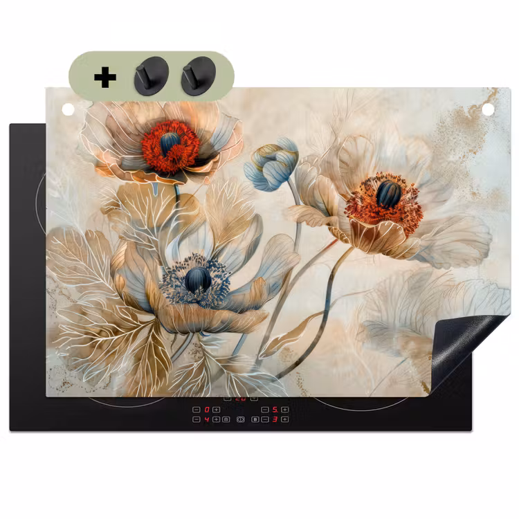 Inductie beschermer en spatscherm (2in1) - Bloemen - Beige - Modern - Illustratie — 1