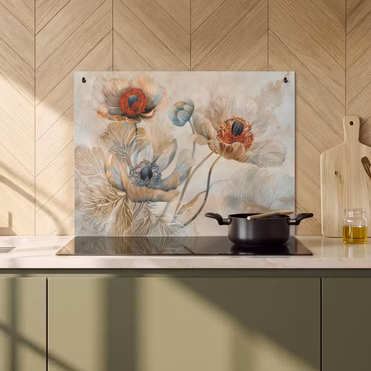 Inductie beschermer en spatscherm (2in1) - Bloemen - Beige - Modern - Illustratie — 2