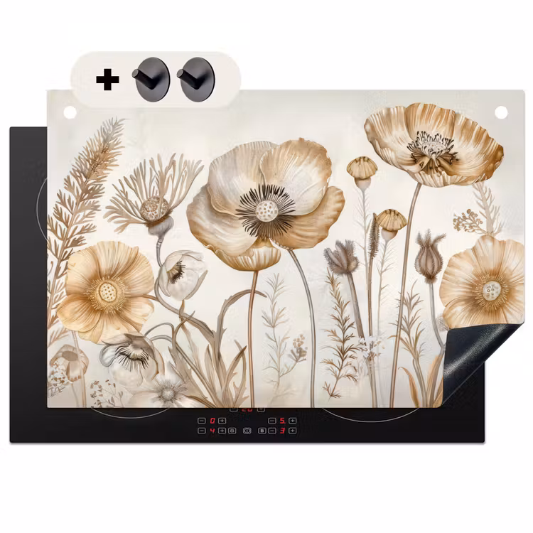 Inductie beschermer en spatscherm (2in1) - Bloemen - Beige - Natuur - Illustratie — 1
