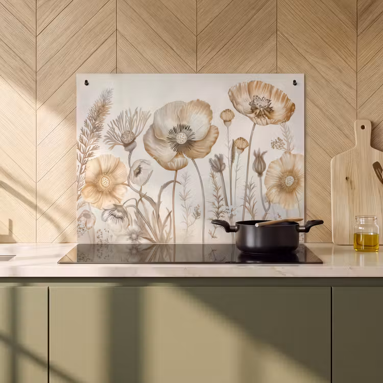 Inductie beschermer en spatscherm (2in1) - Bloemen - Beige - Natuur - Illustratie — 2