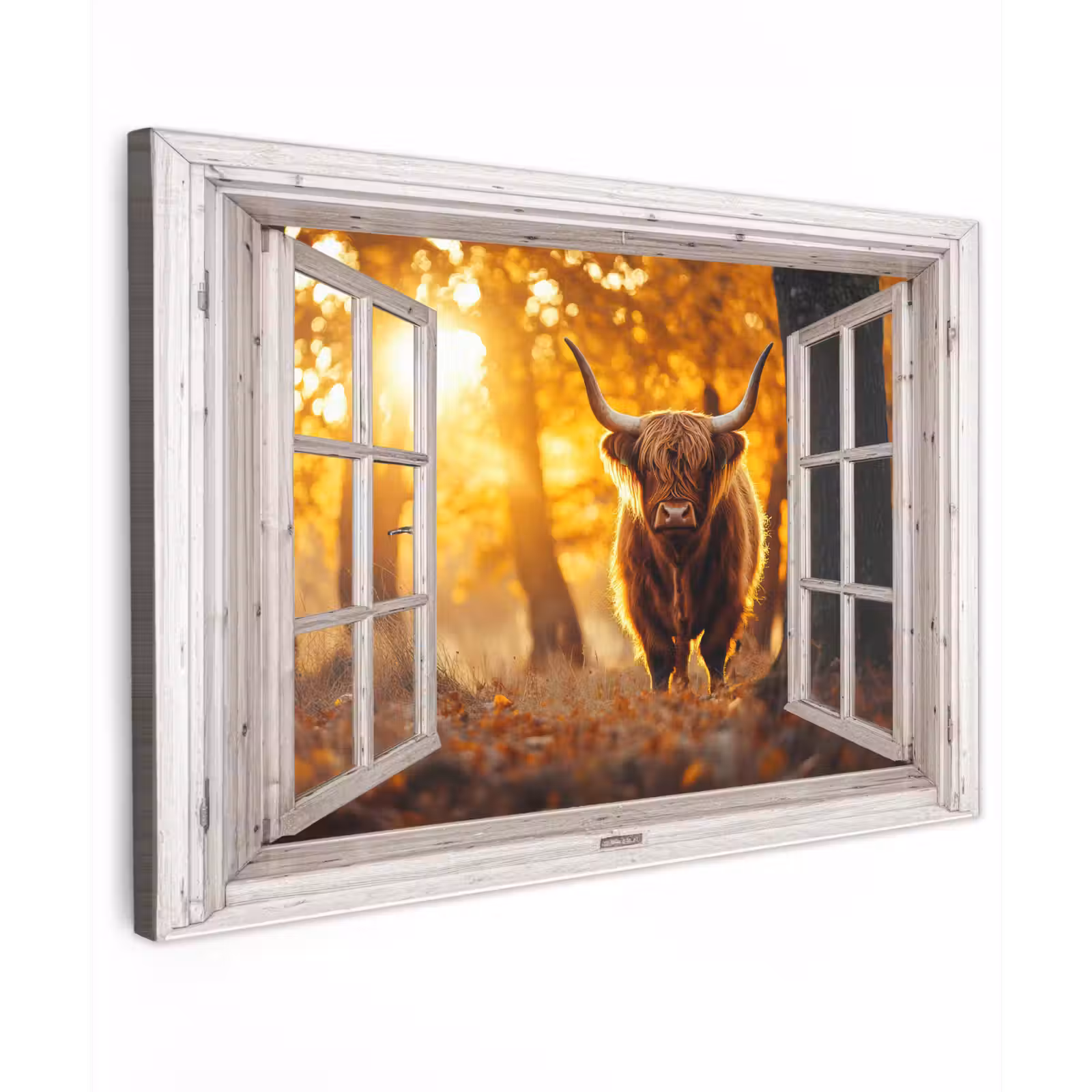 Buiten canvas - Schotse hooglander - Bos - Herfst - Dieren - Natuur - Bladeren - Doorkijk — 1