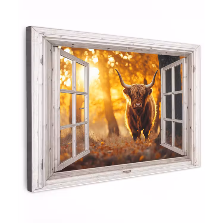 Buiten canvas - Schotse hooglander - Bos - Herfst - Dieren - Natuur - Bladeren - Doorkijk — 1