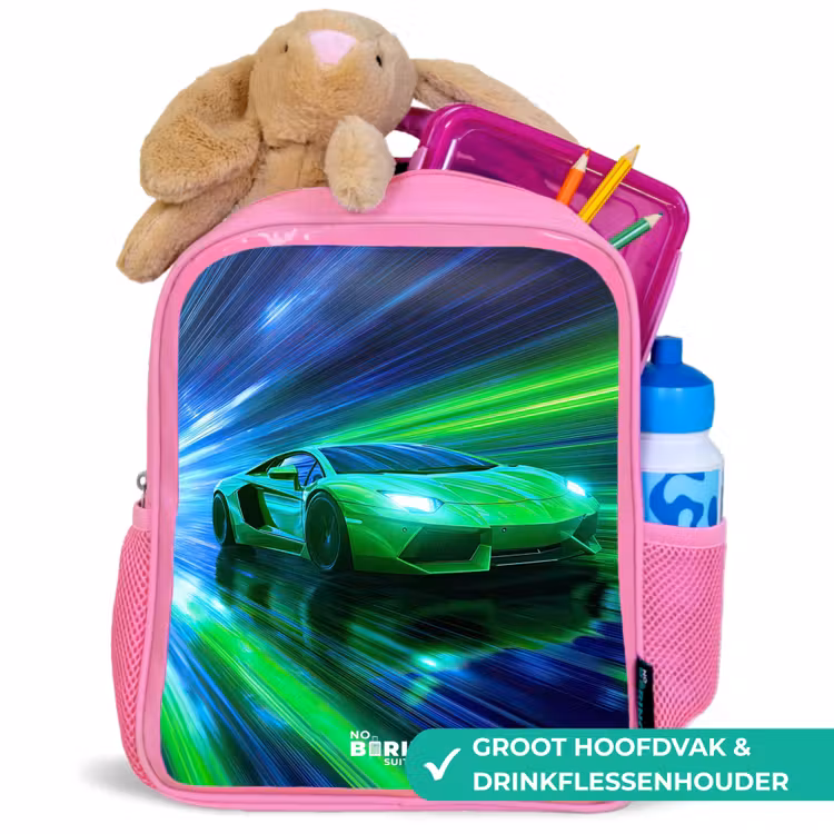 Rugzak kind - roze - Raceauto - Felgroen - Lichtstralen - Snelheid — 2