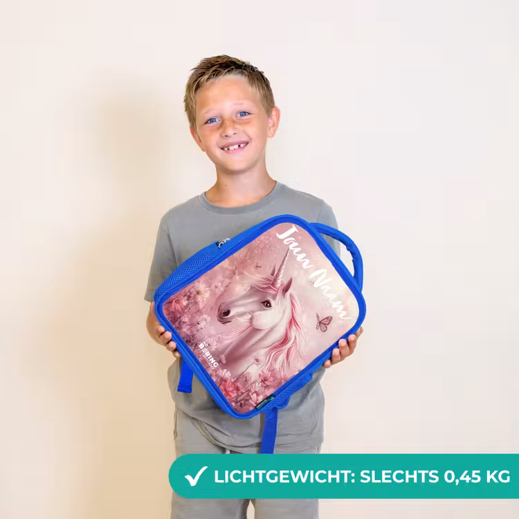 Kinderrugzak met naam - Blauw - Eenhoorn - Roze - Vlinder - Bloemen — 2