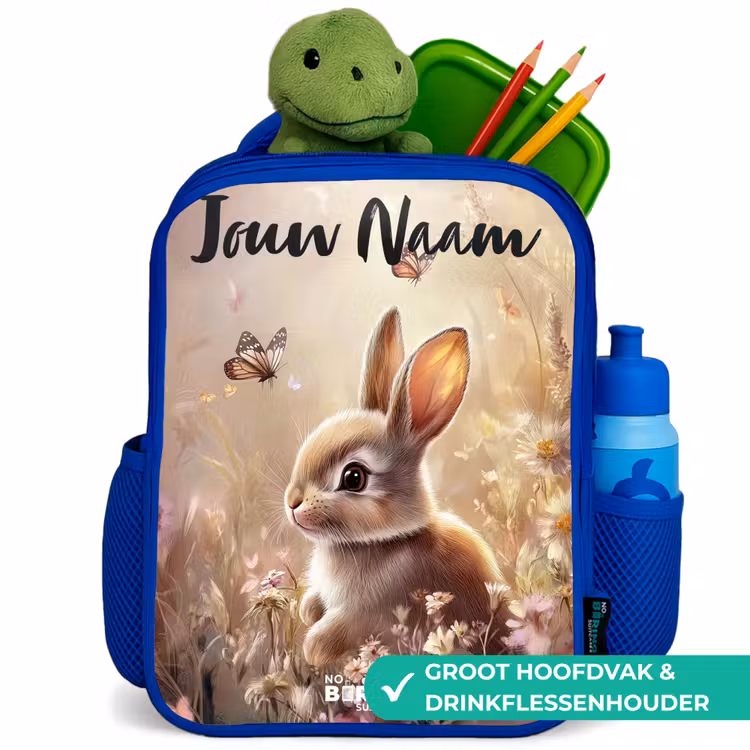 Kinderrugzak met naam - Blauw - Konijntje - Bruin - Bloemen - Vlinders — 6