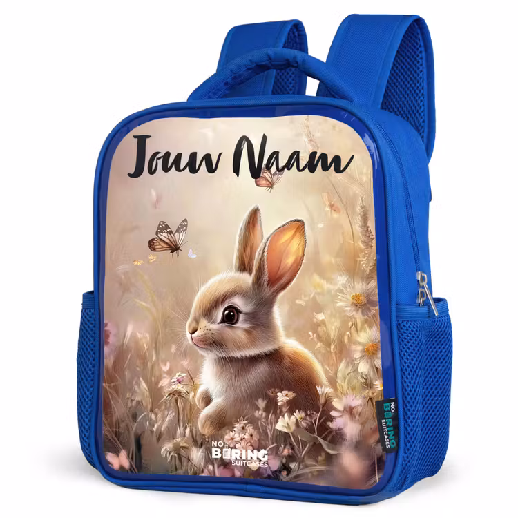 Kinderrugzak met naam - Blauw - Konijntje - Bruin - Bloemen - Vlinders — 7