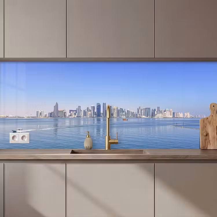 Keuken achterwand - Skyline - Blauw - Zee - Gebouwen - Stad — 1