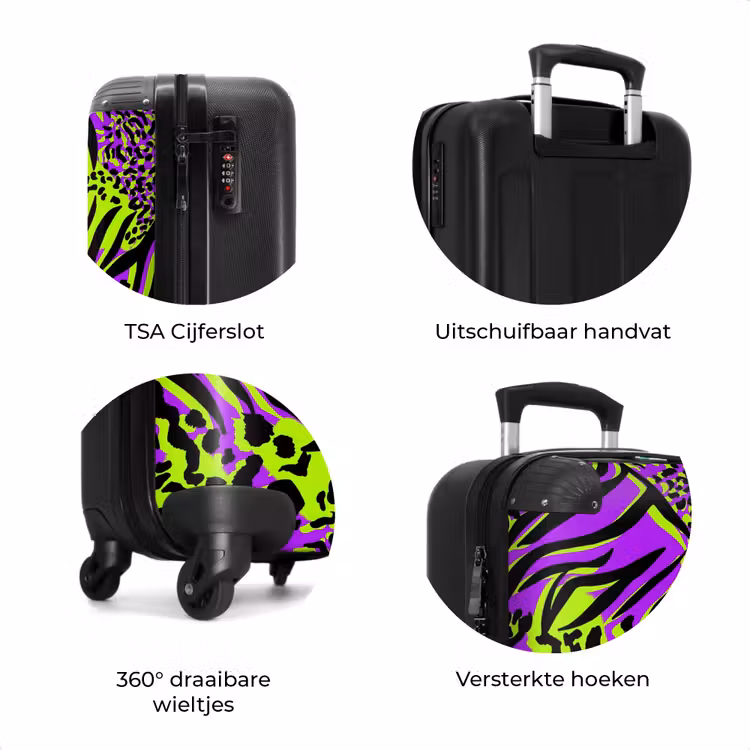 Koffer - Wilde dierenprint in paars, limoengroen en zwart — 7
