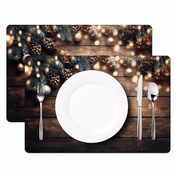 Placemat - 6 stuks - Kerstdecoratie - Houten - Dennenappel - Bruin — 2