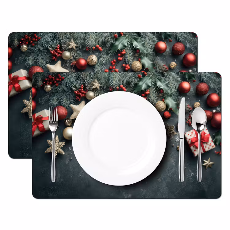 Placemat - 6 stuks - Kerstomlijsting - Hulst - Kleurrijk — 2