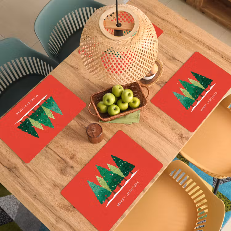 Placemat - 6 stuks - Minimalistisch - Kerstbomen - Rood - Sneeuw — 6