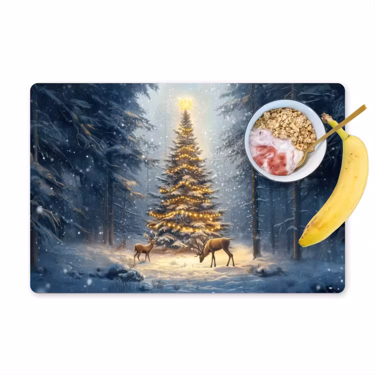 Placemat - 6 stuks - Kerstlicht - Woud - Hert - Donker — 1