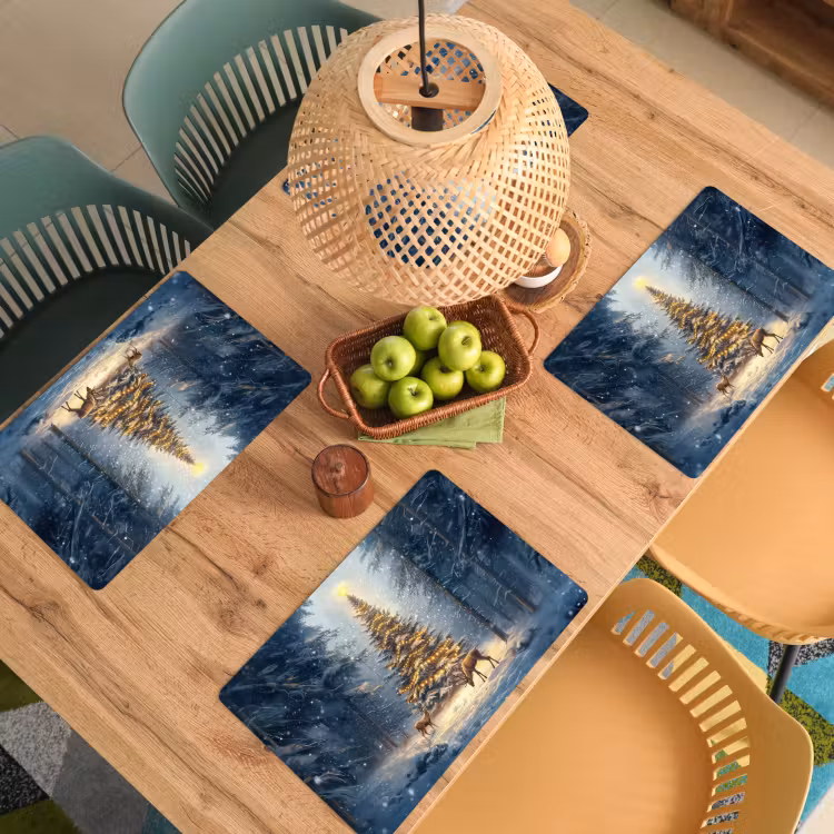 Placemat - 6 stuks - Kerstlicht - Woud - Hert - Donker — 6