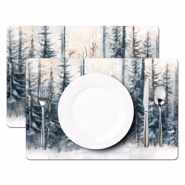 Placemat - 6 stuks - Rendier - Sneeuw - Woud - Wit — 2