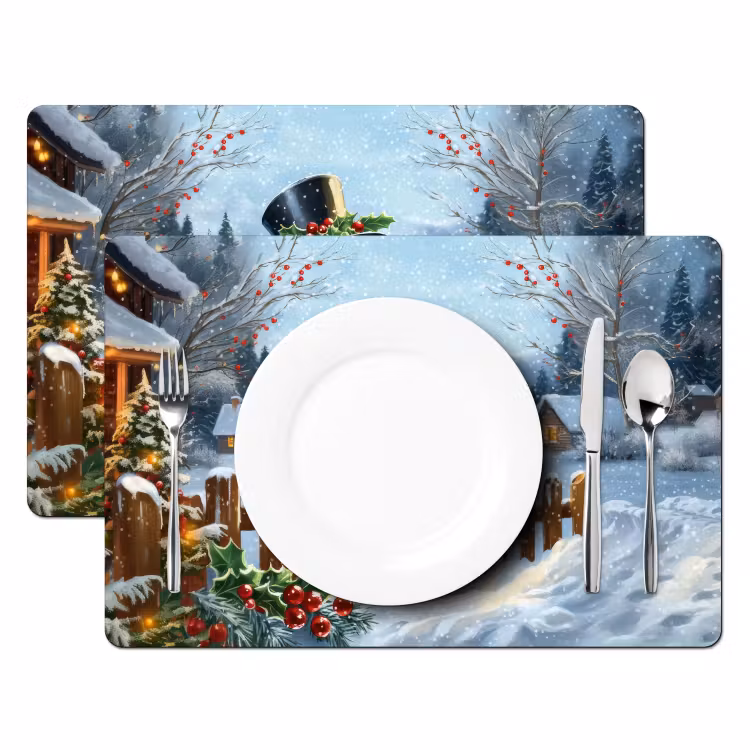 Placemat - 6 stuks - Sneeuwpop - Winterdorp - Kleurrijk — 2
