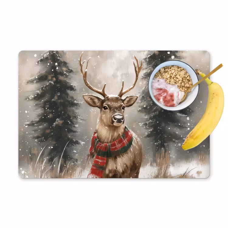 Placemat - 6 stuks - Winter - Bos - Rendier - Donker — 1