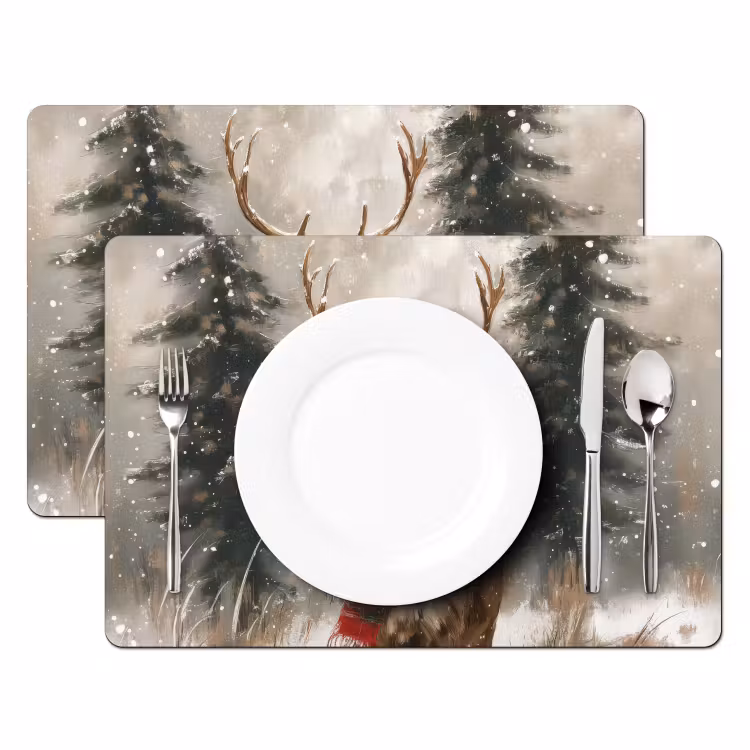 Placemat - 6 stuks - Winter - Bos - Rendier - Donker — 2