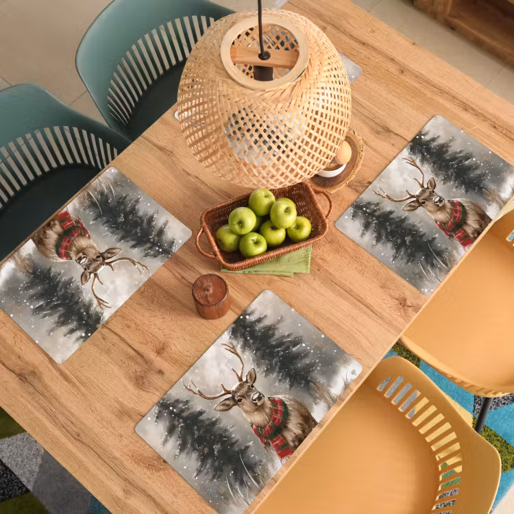 Placemat - 6 stuks - Winter - Bos - Rendier - Donker — 6