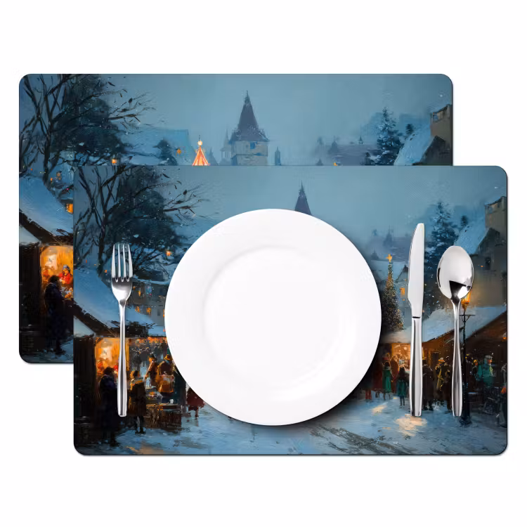Placemat - 6 stuks - Winterkermis - Dorp - Kleurrijk — 2