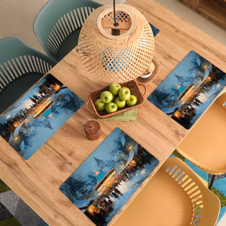 Placemat - 6 stuks - Winterkermis - Dorp - Kleurrijk — 6
