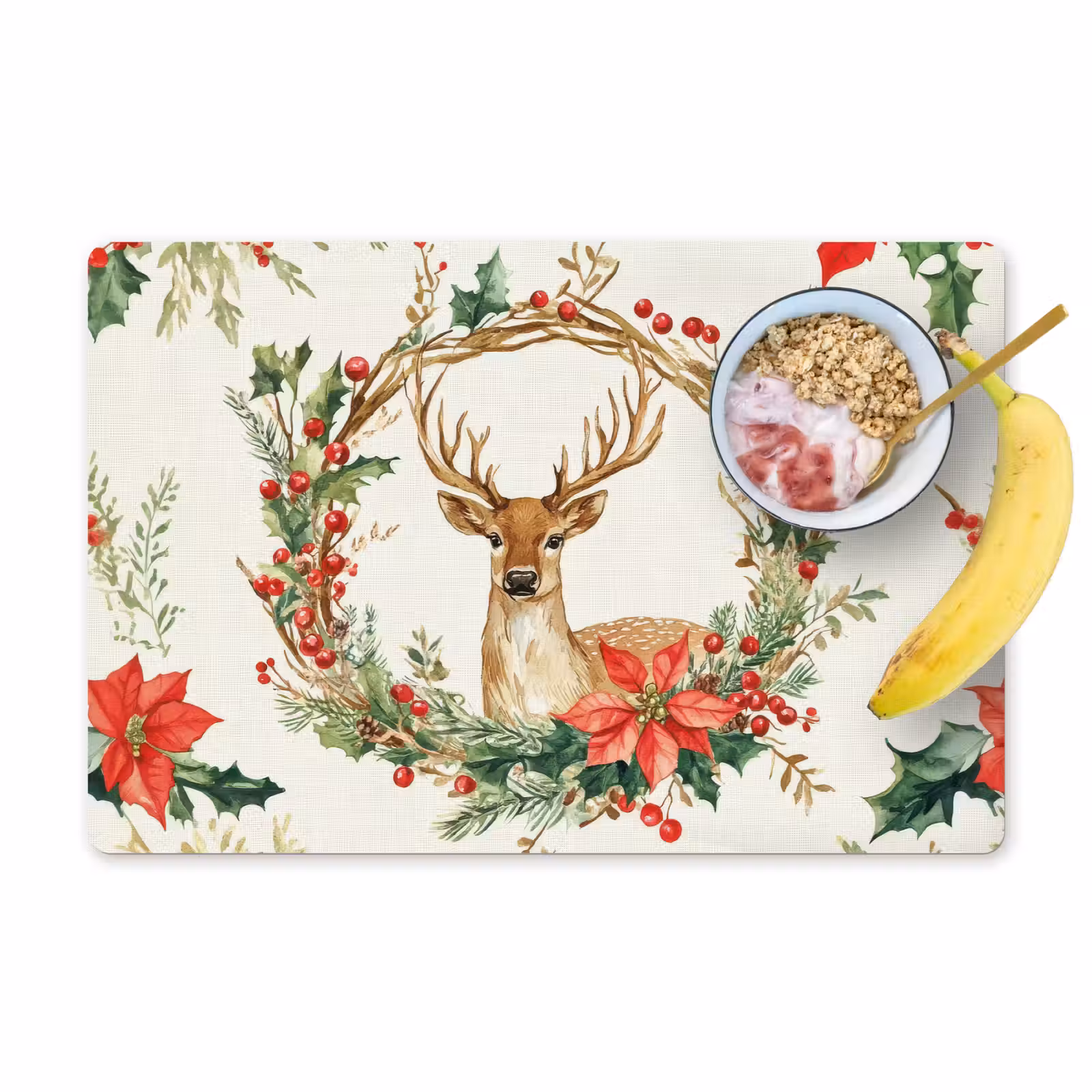 Placemat - 6 stuks - Kerstkrans - Hert - Hulst - Rood — 1