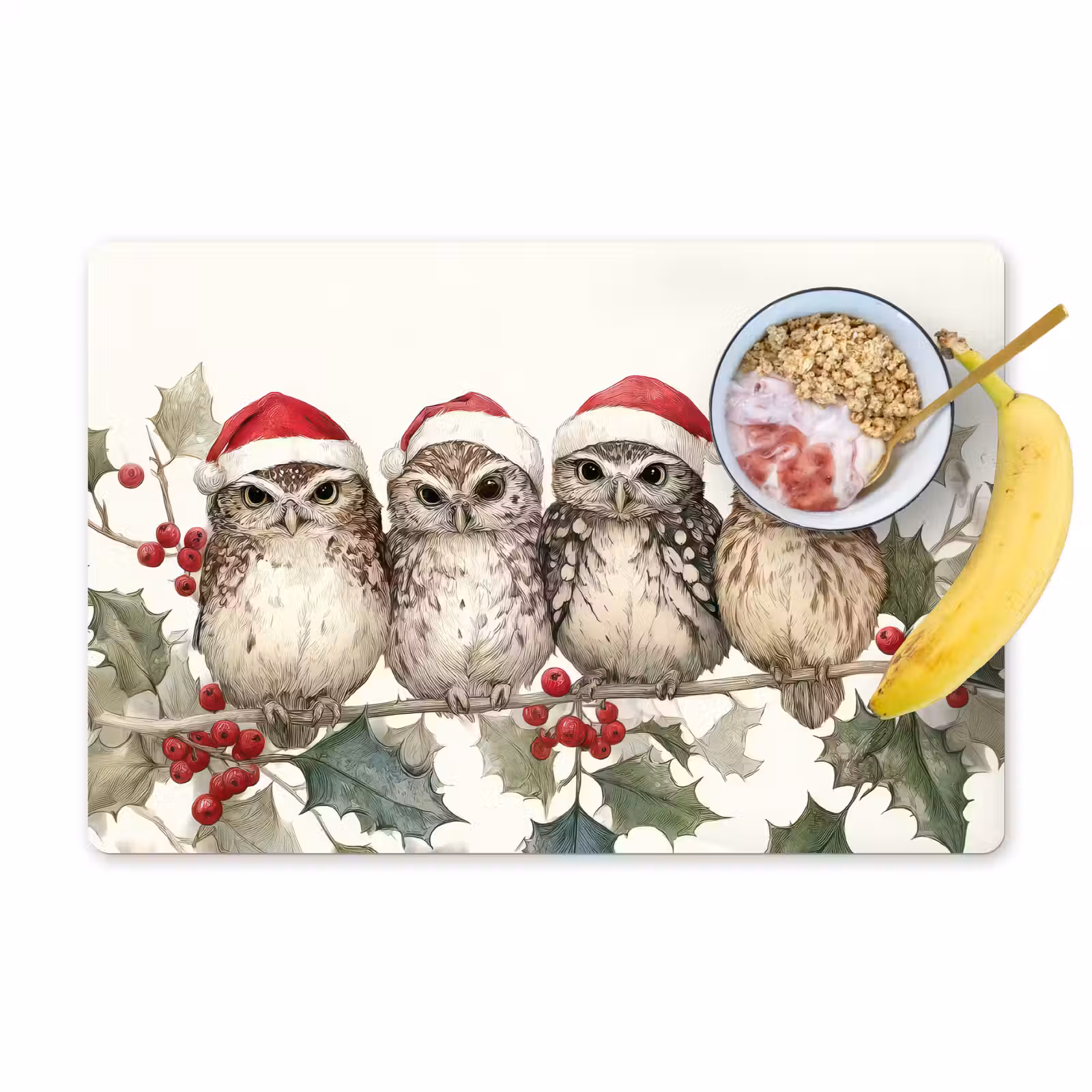 Placemat - 6 stuks - Uilen - Tak - Hulstblaadjes - Kerstmuts — 1