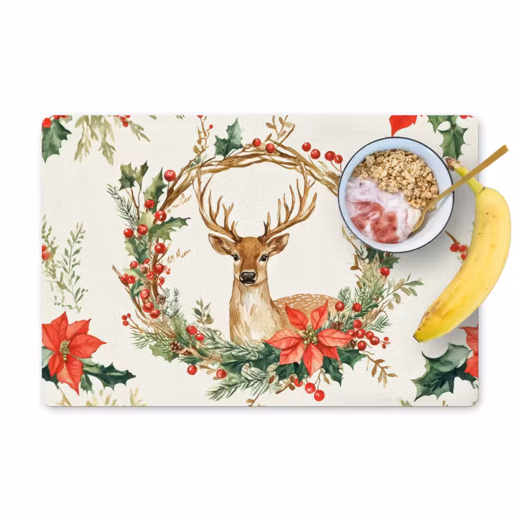 Placemat - 6 stuks - Kerstkrans - Hert - Hulst - Rood — 1